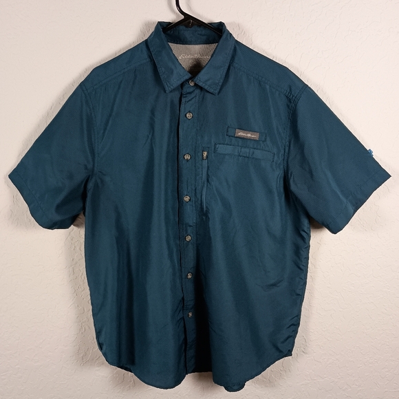 Eddie Bauer Teal Nylon Men's XL Short Sleeve Button-Up Outdoor Shirt - Picture 2 of 7